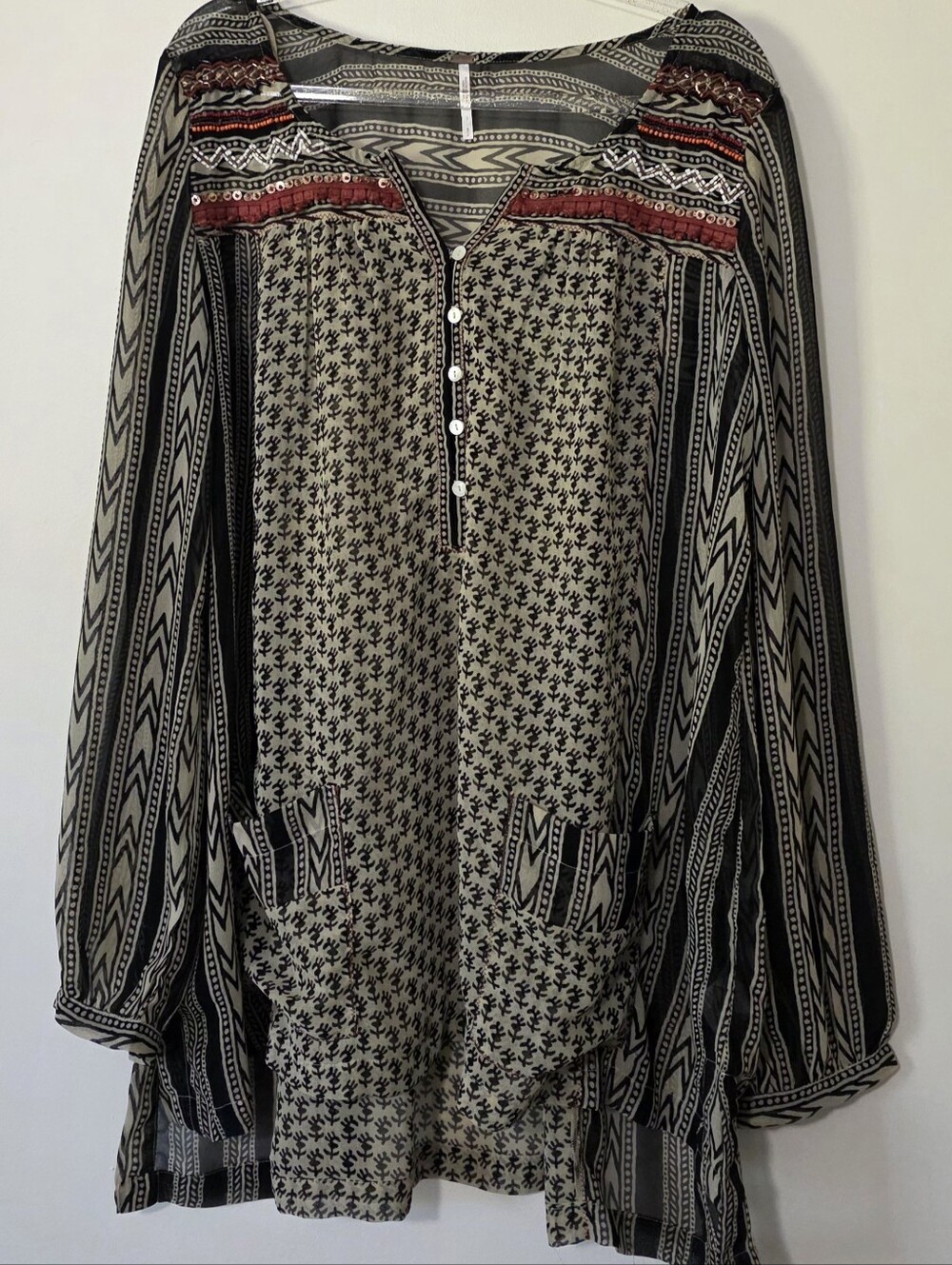 Free People Feather in the Wind Tunic Boho Woodstock Folk Hippie Sheer Sz Small